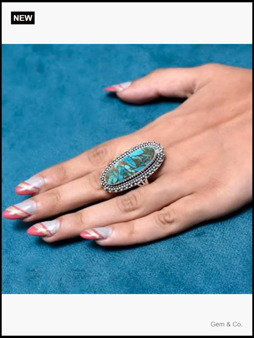 925 Sterling Silver Turquoise Statement Ring, Long Oval Gemstone, Handmade